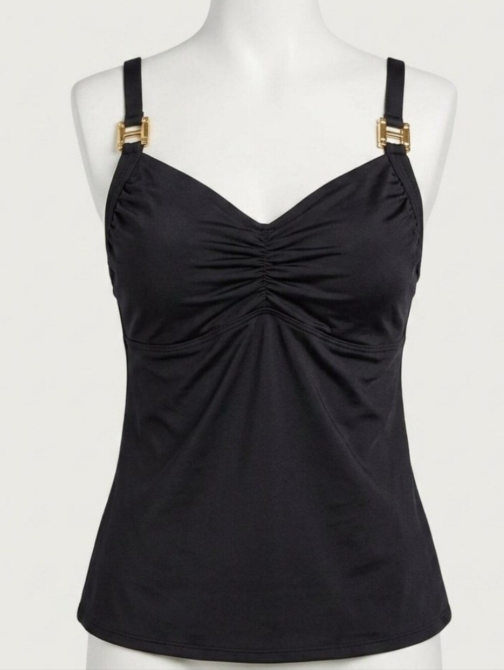 Lands' End Black Ruched Swim Tank with Gold Accent Straps Sz 12